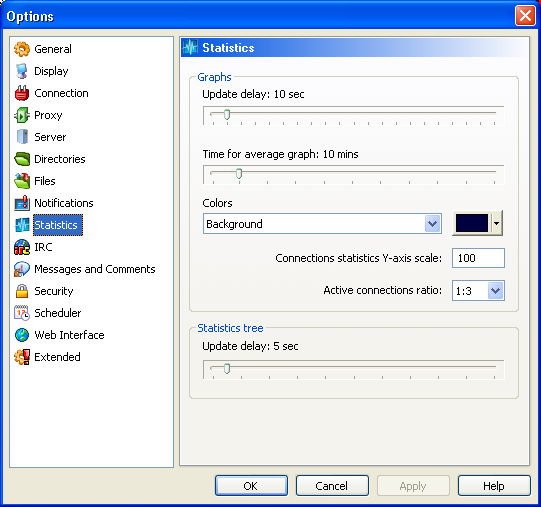 The statistics options screen