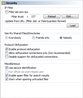 The Security configuration screen