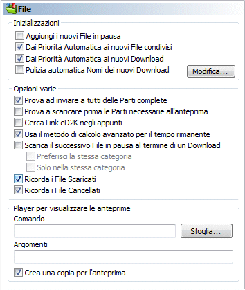 The Files options screen